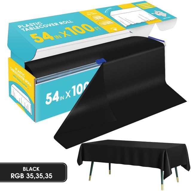 Niuara Table Cover Roll - Black Disposable Plastic Tablecloth | 54" x 100' for Events & Parties