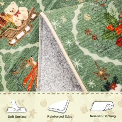 Sage Green Christmas Area Rug 4x6 Washable Non-Slip Holiday Vintage Lattice