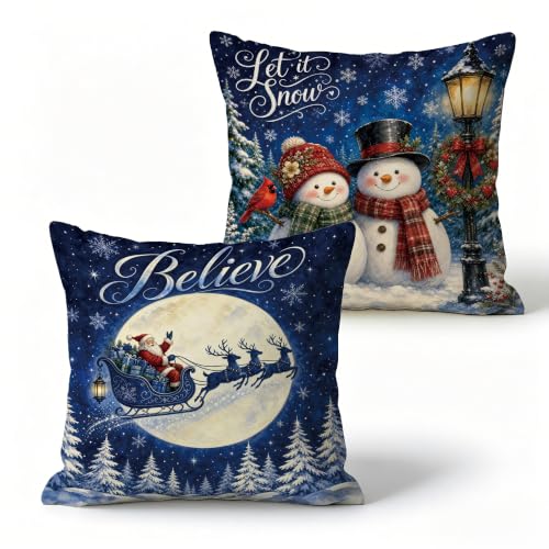 Christmas Navy Blue Pillow Cover 18x18 Double-Sided Santa & Snowmen Variant