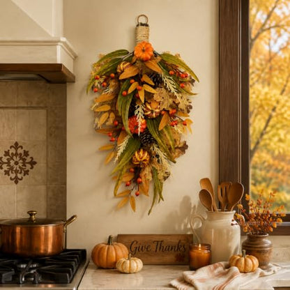 27.5-Inch Fall Harvest Teardrop Swag for Front Door - Autumn Thanksgiving Decor - Irregular Variation 1