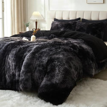 Long Shag Faux Fur Comforter Set - Full Size Black Fluffy Bed Bedding with Tie-Dye Option