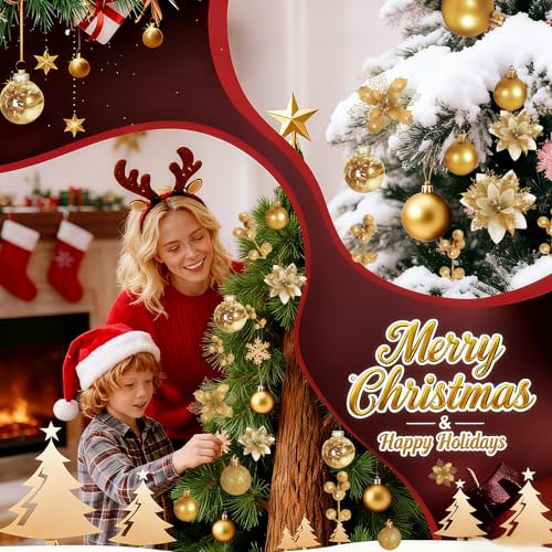 Gold Christmas Tree Decorations Set - 76 Pieces Holiday Ornaments & Poinsettia Flowers