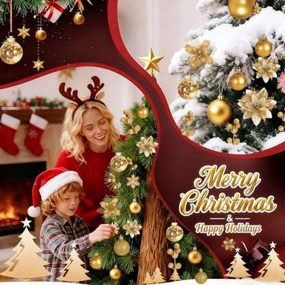 Gold Christmas Tree Decorations Set - 76 Pieces Holiday Ornaments & Poinsettia Flowers