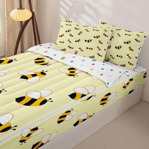 Castle Fairy Baby Twin Bedding Set with Honey Bee Comforter and Zipper Fitted Sheet - Yellow, Kids Bed in a Bag