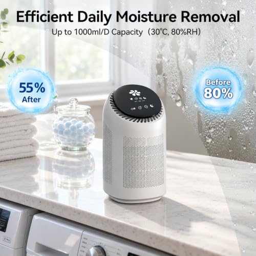 White Small Dehumidifier with HEPA Filter & Auto-Off for Bedroom & Home