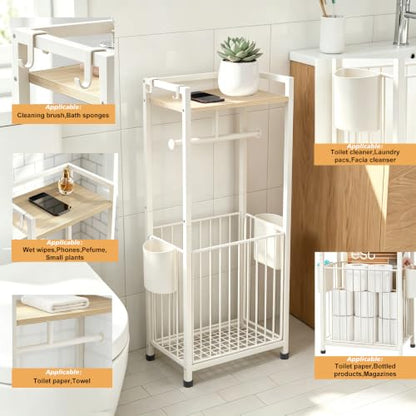 Freestanding Toilet Paper Holder Stand with Hooks & Storage - White