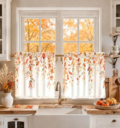 Fall Leaves Kitchen Curtain Set - 28 Inch Linen Blend Window Panels