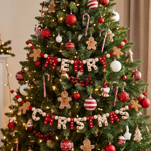 Christmas Felt Garland with Gingerbread Man and 'MERRY CHRISTMAS' Letters - 10 ft with Red White Brown Variation