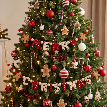 Christmas Felt Garland with Gingerbread Man and 'MERRY CHRISTMAS' Letters - 10 ft with Red White Brown Variation