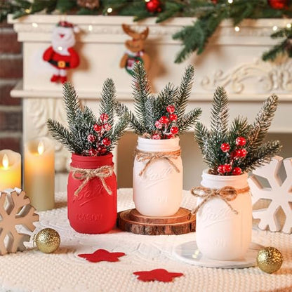 Christmas Mason Jars Set with Wooden Tray - White & Red Decorative Centerpieces