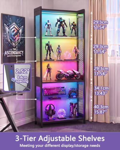 67-Inch Black Display Case with Glass Shelves, RGB Lighting & Motion Sensor