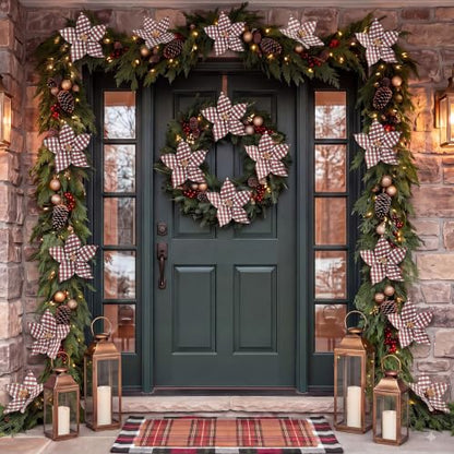 White Plaid Christmas Poinsettia Ornaments - 9 Inch Set of 12 with Gold Beads & Glitter