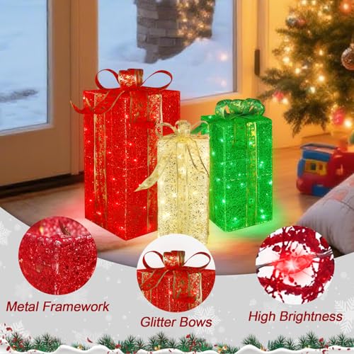 Christmas Lighted Gift Boxes Set of 3 - Warm Red Green Outdoor Decor with 16 Modes
