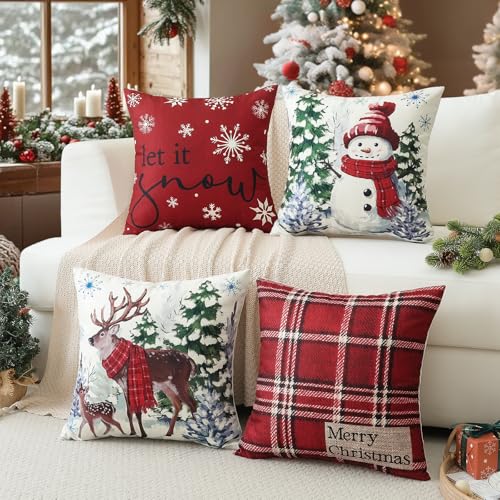 Artscope Christmas Throw Pillow Covers 18x18 Inch Set of 4 Red Scottish Tartan Snowman Reindeer Holiday Decor