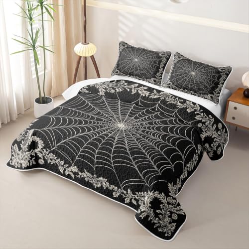 Halloween Spider Web Lace Quilt Set Black Grey Twin Size All Season Bedding