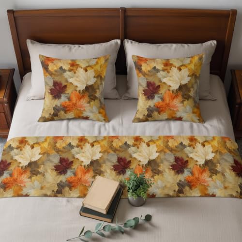 Fall Maple Leaf Bed Runner Set Ochre Burgundy 102x20 Inches with Pillowcases