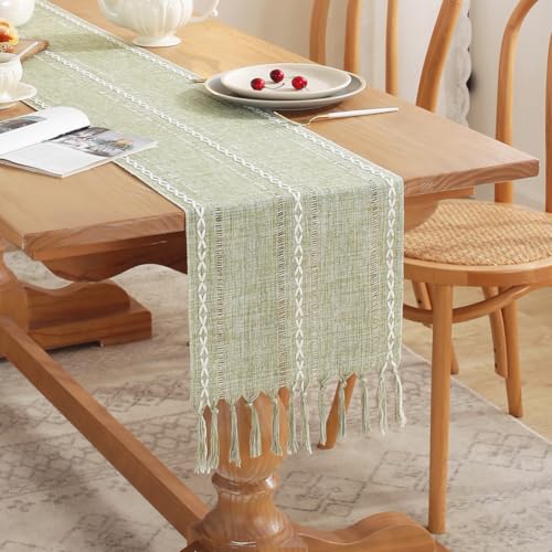 Rustic Table Runner with Tassels - Sage Green 13x86 Inches Farmhouse Boho Linen Cotton