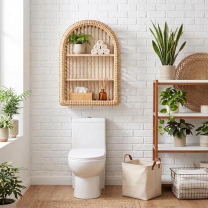Natural Wood Rattan Wall Shelf - 3 Tier Boho Arched Wicker Hanging Shelves