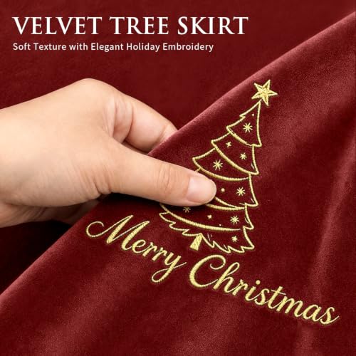 Christmas Tree Skirt Gold Embroidery 60 Inch Red Velvet Tree Decor - Variation of Tree Red / 60 Inch