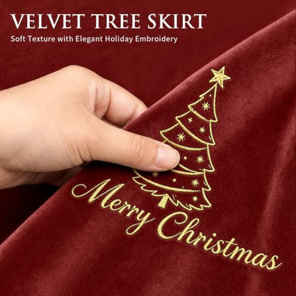 Christmas Tree Skirt Gold Embroidery 60 Inch Red Velvet Tree Decor - Variation of Tree Red / 60 Inch