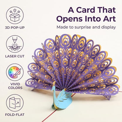 Purple 3D Peacocks Greeting Card for Birthdays Christmas & Weddings