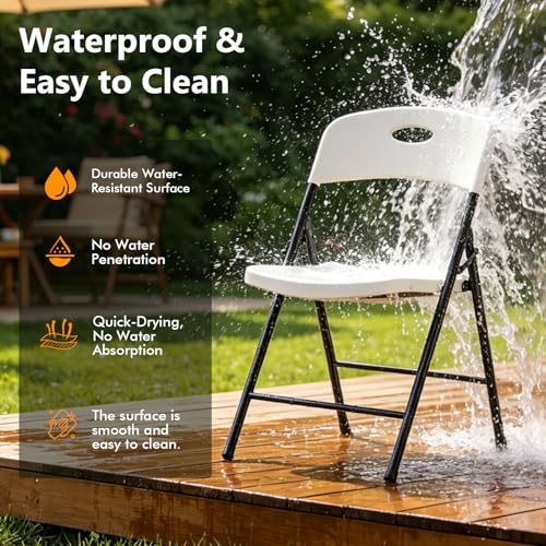 White Plastic Folding Chair, Heavy Duty Steel Frame 350 Lbs Capacity, Stackable & Portable - 2 Pack