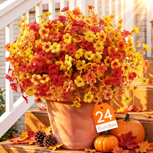 Artificial Fall Flowers Set Sunset Orange - 24 Bundles for Outdoor & Garden Decor