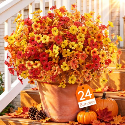 Artificial Fall Flowers Set Sunset Orange - 24 Bundles for Outdoor & Garden Decor