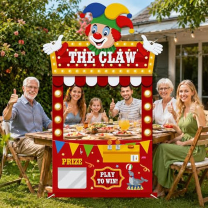 Carnival Circus Claw Machine Photo Backdrop with Clown & Lights - Party Decorations