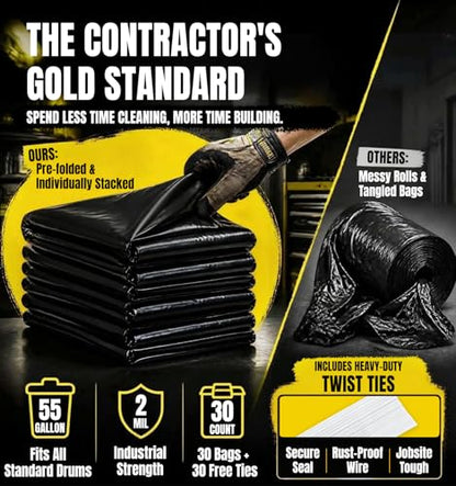 55 Gallon Heavy Duty Contractor Garbage Bags 2 Mil Thick - Black, 30 Count