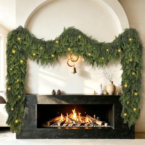 9Ft Real Touch Cedar Garland with Lights - Green, Indoor Outdoor Decor