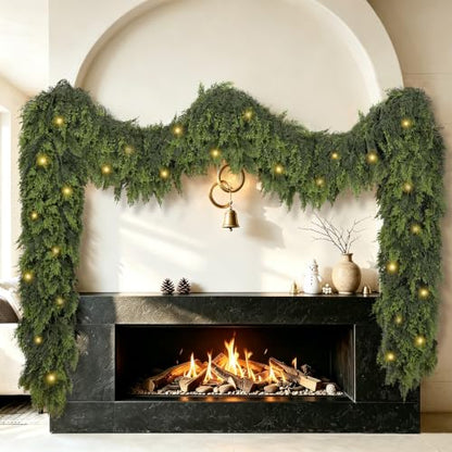 9Ft Real Touch Cedar Garland with Lights - Green, Indoor Outdoor Decor