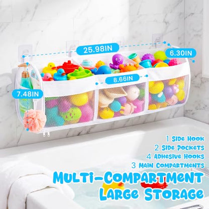 Large Bath Toy Storage Organizer with 3 Compartments and Zipper Access