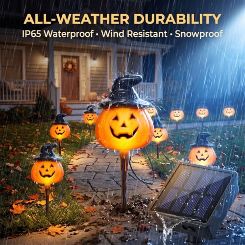 Outdoor Halloween Pumpkin Stake Lights - Solar Jack O Lantern Decor, Waterproof, 6-Pack