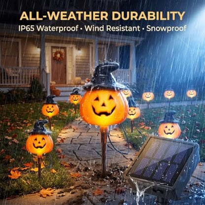 Outdoor Halloween Pumpkin Stake Lights - Solar Jack O Lantern Decor, Waterproof, 6-Pack