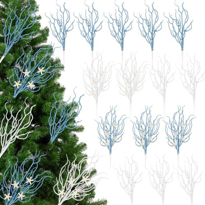 15PCS Coastal Christmas Glitter Picks Decorations - Blue & White Holiday Spray