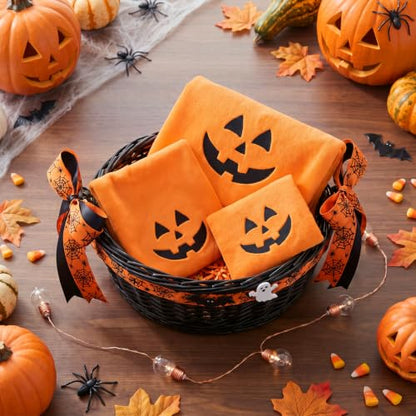 Halloween Towels Set - 3 Pcs Embroidered Pumpkin Face Orange Bathroom Decor