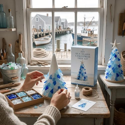 DIY Sea Glass Christmas Tree Craft Kit - Style D, Coastal Holiday Decor, 10cm