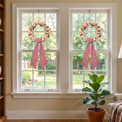 Red Gingham Fabric Sash Wraps for Front Door 2-Pack - 56 Inch Seasonal Decor