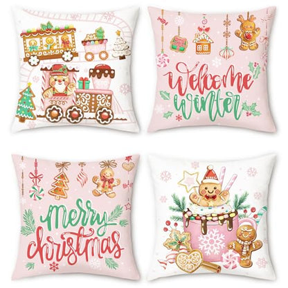 Christmas Gingerbread Throw Pillow Covers Set of 4 - Holiday Velvet Decorative Pillowcases 18x18 Inches