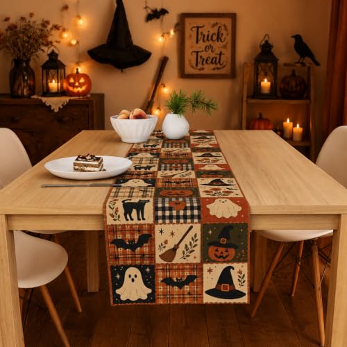 Halloween Patchwork Table Runner - Rustic Farmhouse Style, 73x13.8 Inches