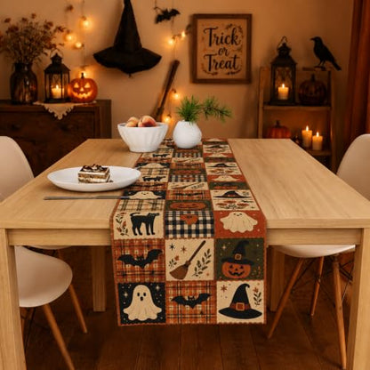 Halloween Patchwork Table Runner - Rustic Farmhouse Style, 73x13.8 Inches