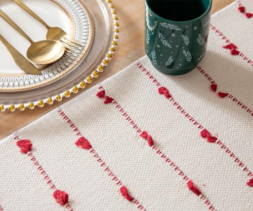 Caflife Christmas Table Runner 13x90 Inch Red and Beige Cotton with Tassels - Farmhouse Holiday Decor