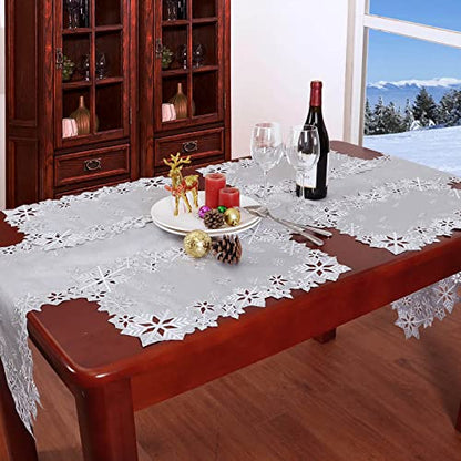 Christmas Snowflake Embroidered Silver Table Runner 14x108 Inches - Winter Holiday Decor