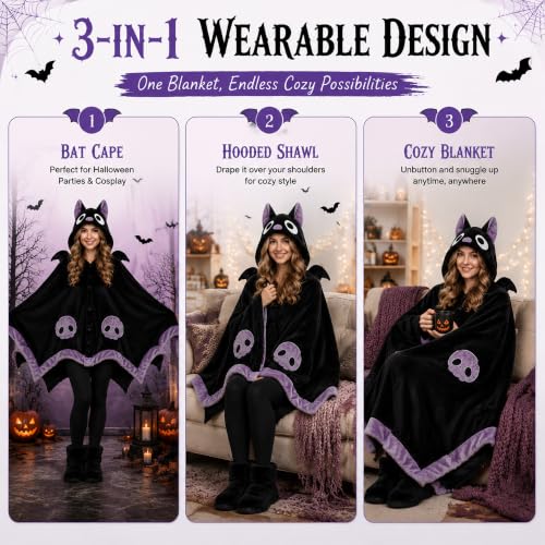 Bat Hoodie Blanket - Cozy Halloween Wearable Blanket for Adults & Teens