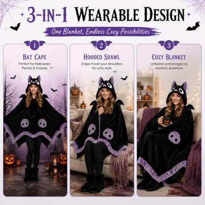 Bat Hoodie Blanket - Cozy Halloween Wearable Blanket for Adults & Teens