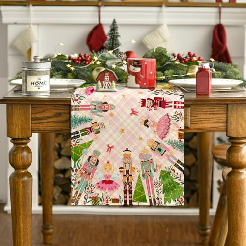 Christmas Table Runner 13x90 Inches - Pink, Nutcracker Holiday Decor