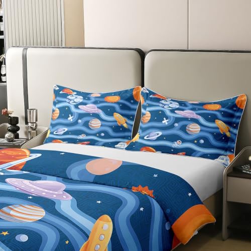 Space Planet Rocket Twin Cotton Duvet Cover Set - Blue Variation