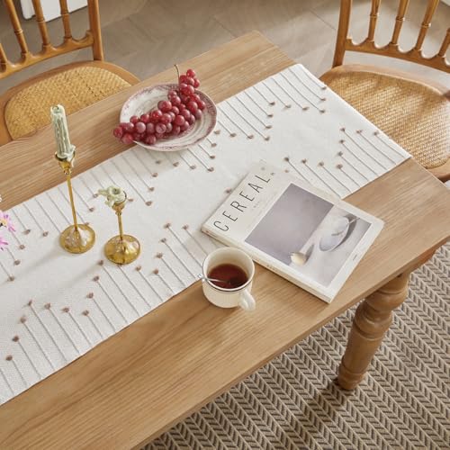 Wracra Boho Table Runner Taupe/Ivory 14x108 Inches Woven Rustic Decor