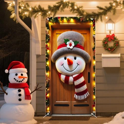 Christmas Front Door Cover Snowman Pattern Holiday Banner 35x71in Polyester